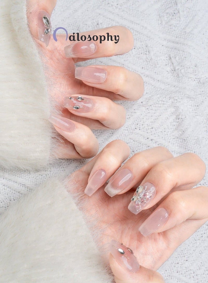 Nailosophy 10 Pcs Handmade Gel Press On Nails Medium Coffin Nude Pink Butterfly Rhinestone Reusable False Nails Nail Kit for Women Party Wedding Eid Special Occasions - Image 3