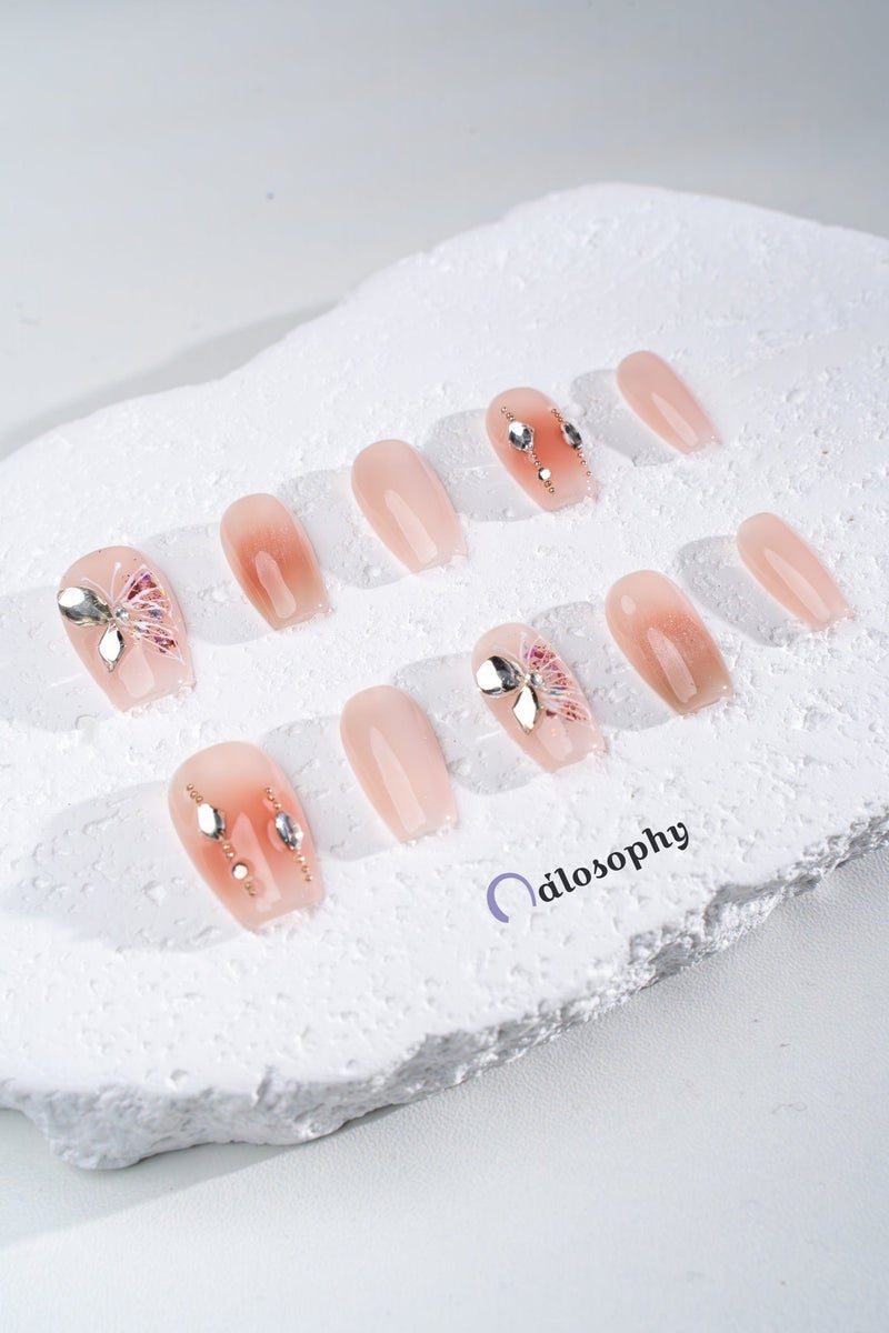 Nailosophy 10 Pcs Handmade Gel Press On Nails Medium Coffin Nude Pink Butterfly Rhinestone Reusable False Nails Nail Kit for Women Party Wedding Eid Special Occasions - Image 4