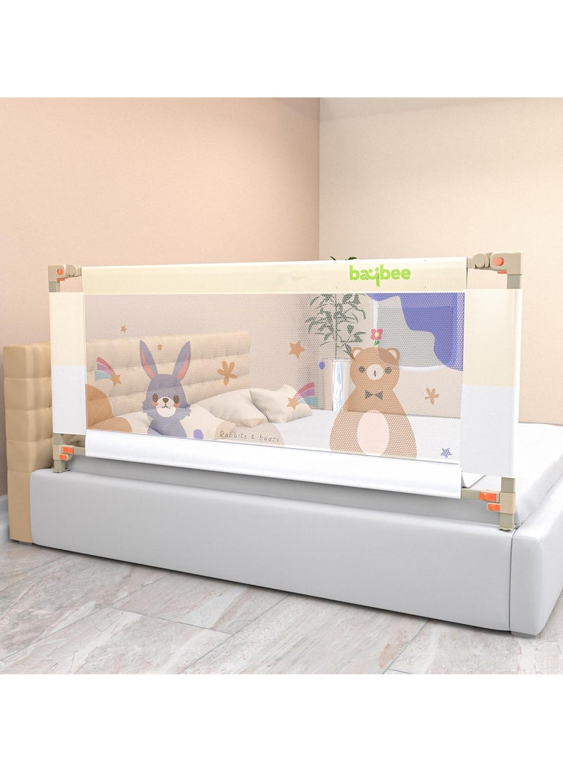 BAYBEE - 150 x 80cm Baby Bed Rail Guard for Baby Safety with 28 Height Adjustable, Portable Bed Side Protector for Baby Falling | Foldable Single Side Baby Bed Railing for Kids Toddler Beige White - Image 1