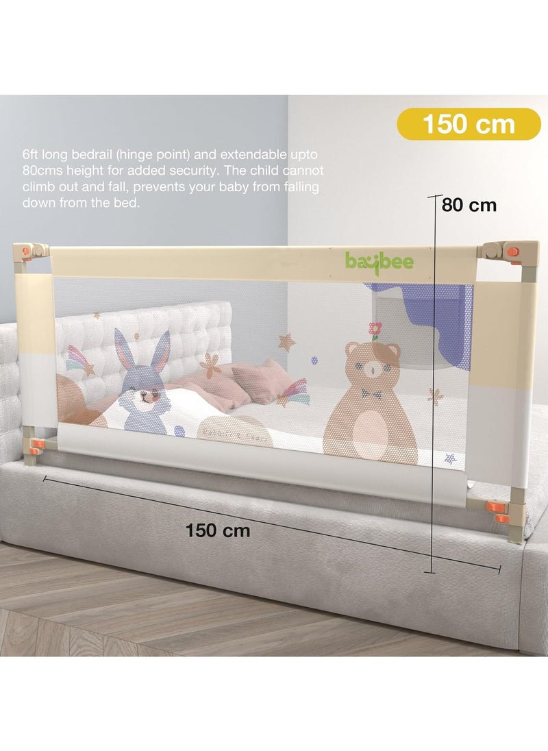 BAYBEE - 150 x 80cm Baby Bed Rail Guard for Baby Safety with 28 Height Adjustable, Portable Bed Side Protector for Baby Falling | Foldable Single Side Baby Bed Railing for Kids Toddler Beige White - Image 1