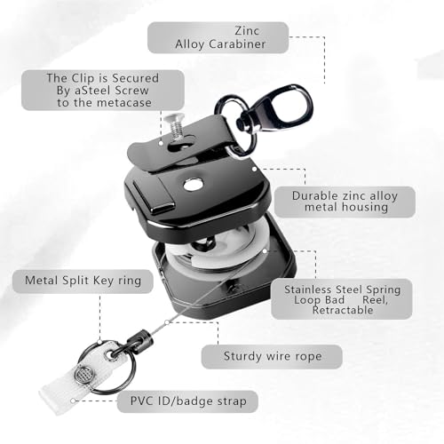 Jubobu Retractable Id Card Holder,Heavy Duty Badge Reels Key Holder,Zinc Alloy Metal Carabiner Keychain for Keys,Badge,Name Cards - Image 2