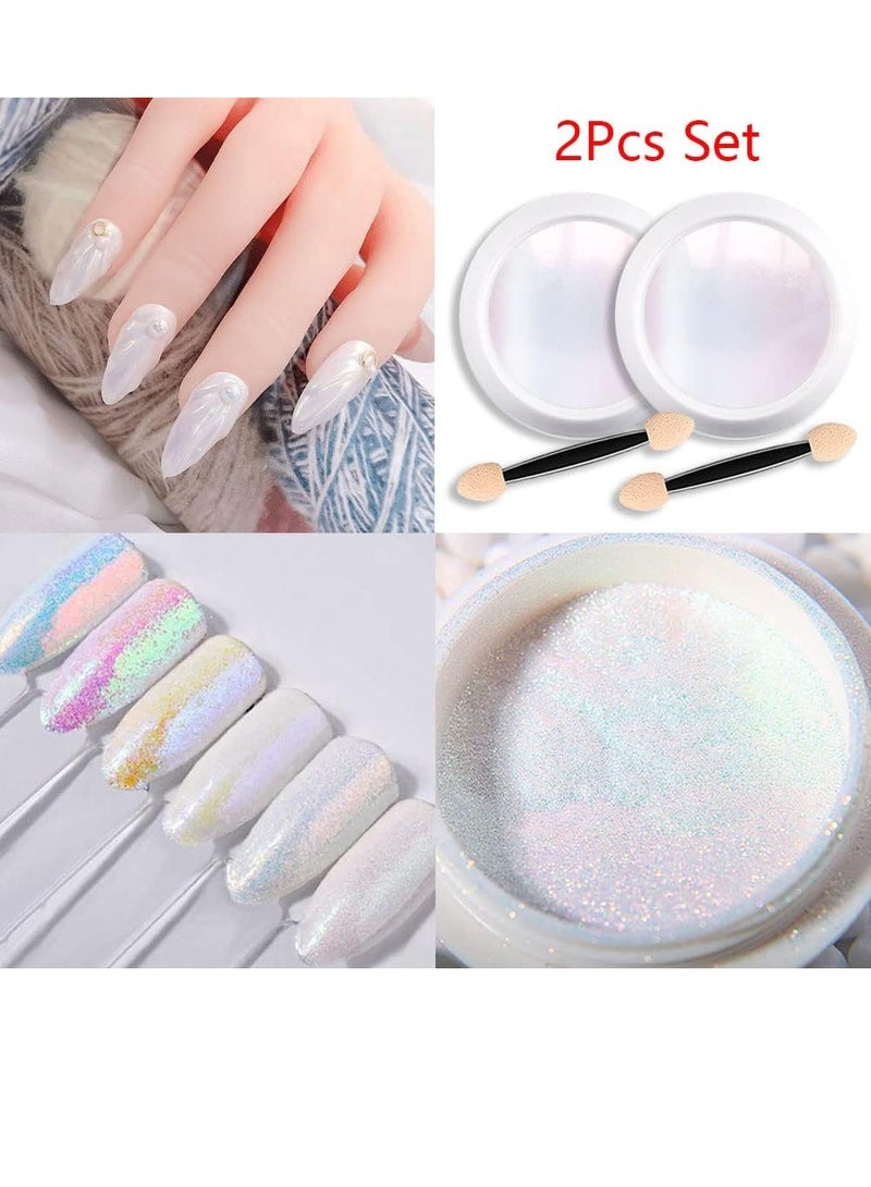 2pcs Pearly White Chrome Powder Nail Polish Holographic Rainbow Colors Metallic Nail Gel Beauty Powder - Image 2