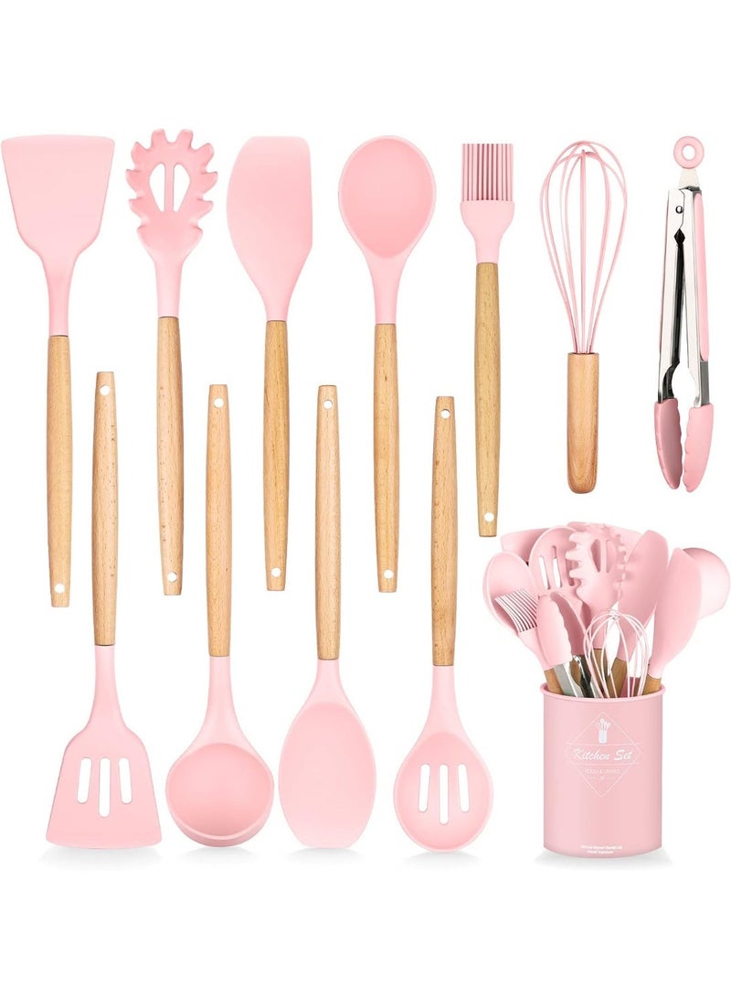 12 Pieces - Silicone Kitchen Utensil Set with Wooden Handles & Holder – Stylish & Practical Cooking Tools for an Organized Kitchen - Image 1
