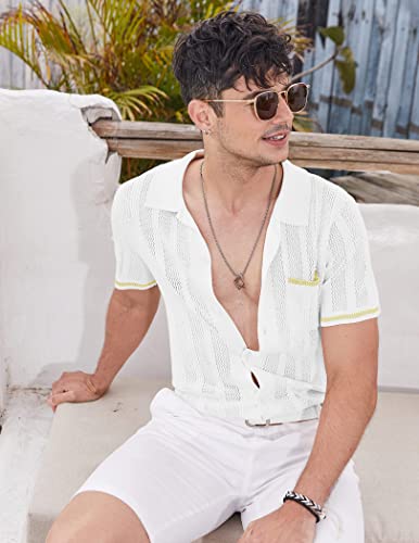 COOFANDY Knit Shirts for Men Short Sleeve Vintage Button Up Polo Shirt Summer Vacation White - Image 4