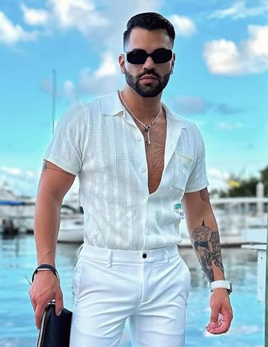 COOFANDY Knit Shirts for Men Short Sleeve Vintage Button Up Polo Shirt Summer Vacation White - Image 3