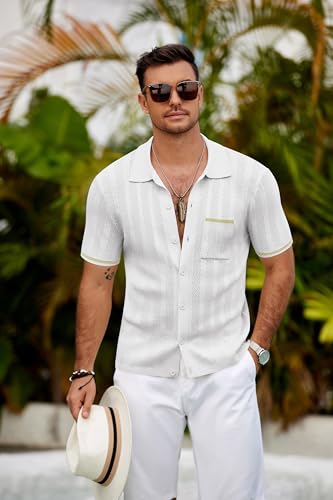 COOFANDY Knit Shirts for Men Short Sleeve Vintage Button Up Polo Shirt Summer Vacation White - Image 2