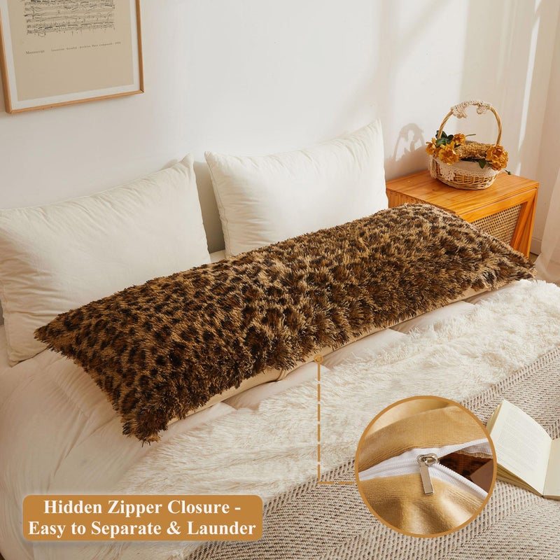 XeGe 20x54 Fluffy Leopard Print Body Pillow Cover, Cheetah Print Plush Fuzzy Faux Fur Body Pillowcase with Zipper, Farmhouse Shaggy Furry Long Pillow Cover for Pregnant Women Side Sleeper, Brown - Image 3