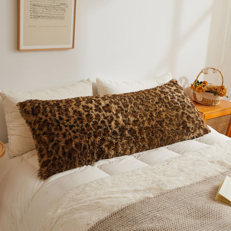 XeGe 20x54 Fluffy Leopard Print Body Pillow Cover, Cheetah Print Plush Fuzzy Faux Fur Body Pillowcase with Zipper, Farmhouse Shaggy Furry Long Pillow Cover for Pregnant Women Side Sleeper, Brown - Image 1