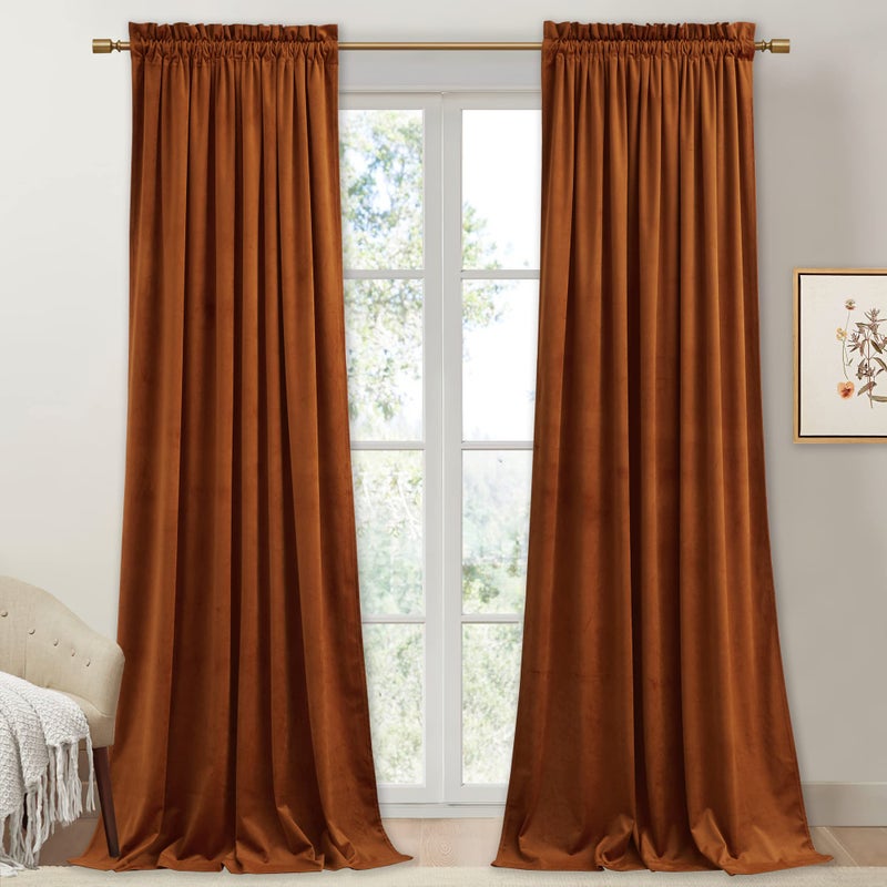 StangH Fall Curtains Burnt Orange Velvet Curtains Luxury Terracotta Thermal Insulated Room Darkening Bedroom Window Drapes for Living Room Holiday Home Decor for Backdrops W52 x L84 2 Panels