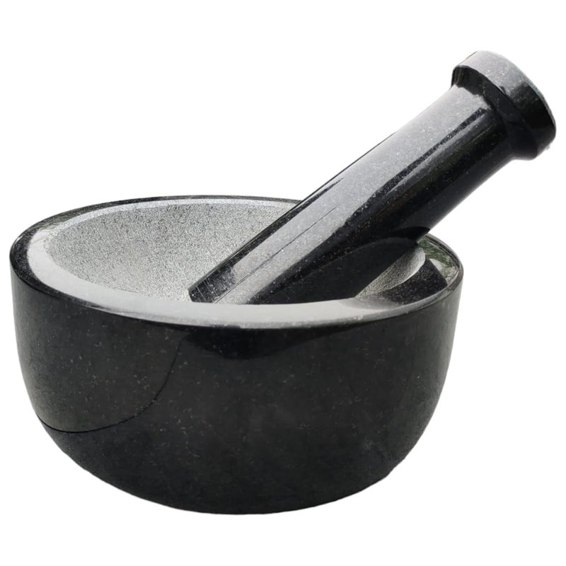 EZAHK EZAHK Stone Mortar and Pestle Set for Spices Okhli Masher Khalbatta Stone Natural Traditional Grinder Musal Well Design for Kitchen Home Herbs 8 inch Pure Granite  - Image 1