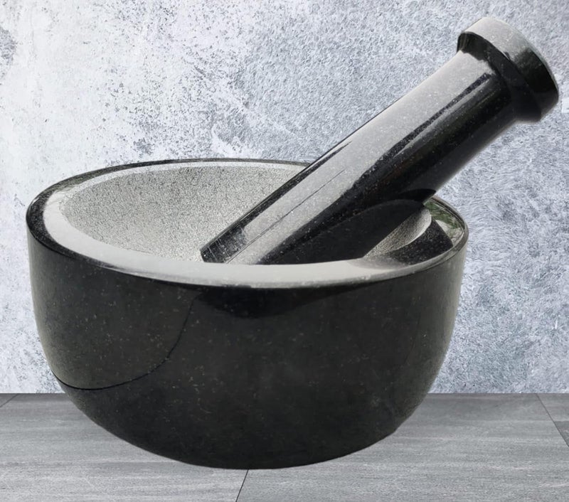 EZAHK EZAHK Stone Mortar and Pestle Set for Spices Okhli Masher Khalbatta Stone Natural Traditional Grinder Musal Well Design for Kitchen Home Herbs 8 inch Pure Granite  - Image 2