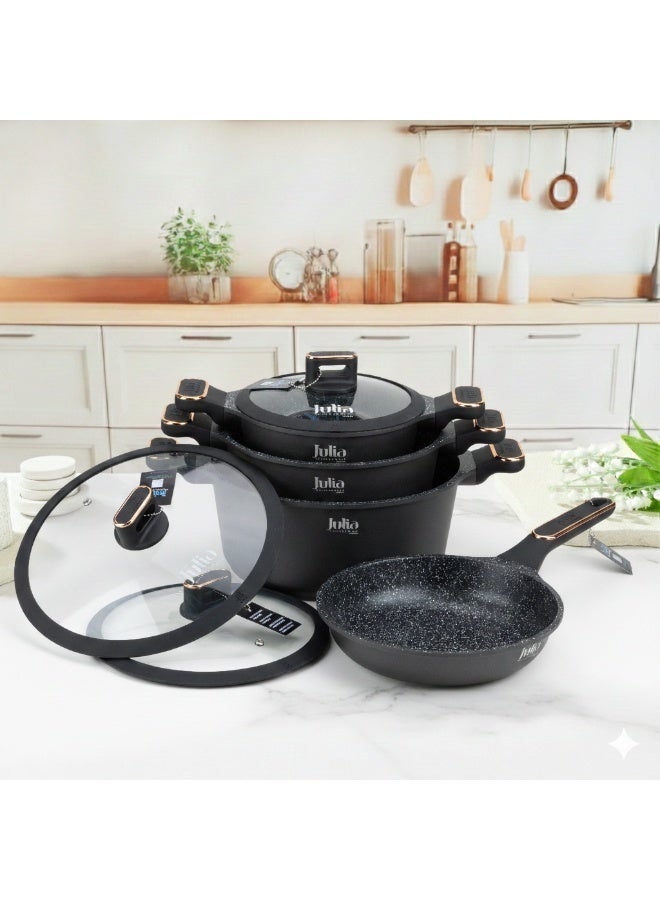 جوليا طقم أواني طهي جوليا  إيليت برو بلس  7 قطع مع أغطية - أسود - جرانيت أسود غير لاصق - يدعم الحث الحراري - Image 1
