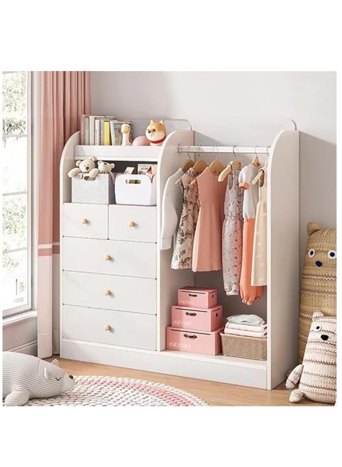Generic Kids Wardrobe, Bedroom Cabinet Wooden Closet with 5 Drawers and Hanging Area for Clothes, Half-Open Baby Clothes Storage Organizer Cabinet Cupboard for Boys Girls Nursery Room (White)  - Image 1