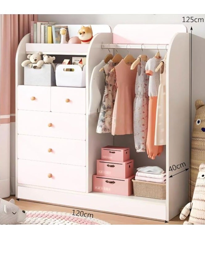 Kids Wardrobe, Bedroom Cabinet Wooden Closet with 5 Drawers and Hanging Area for Clothes, Half-Open Baby Clothes Storage Organizer Cabinet Cupboard for Boys Girls Nursery Room (White)