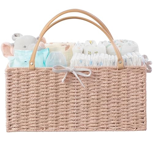 HBlife Large Baby Diaper Caddy Organizer Pink Paper Rope Storage Baskets Nursery Bin with Removable Divider Portable Car Organizer for Diapers Baby Shower Gifts Newborn Essentials Must Haves - Image 1