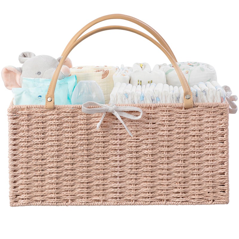HBlife Large Baby Diaper Caddy Organizer Pink Paper Rope Storage Baskets Nursery Bin with Removable Divider Portable Car Organizer for Diapers Baby Shower Gifts Newborn Essentials Must Haves - Image 2