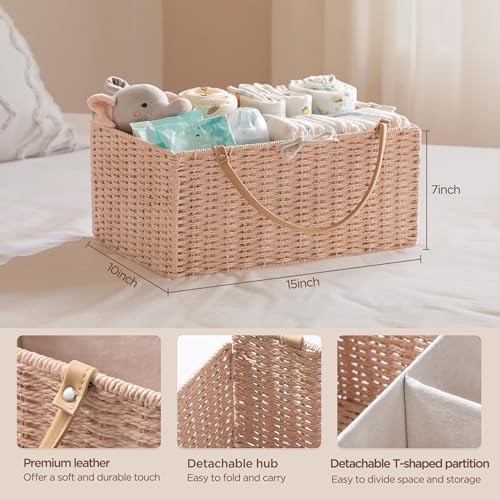 HBlife Large Baby Diaper Caddy Organizer Pink Paper Rope Storage Baskets Nursery Bin with Removable Divider Portable Car Organizer for Diapers Baby Shower Gifts Newborn Essentials Must Haves - Image 3