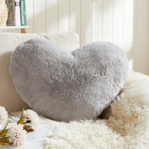 EastTree Heart Pillows, Grey Heart Shaped Pillows, Love Throw Pillows Gifts, Ultra Soft Faux Rabbit Fur Small Cute Pillows, Women Girls Kid Room Decor 10x13 Inch - Image 1