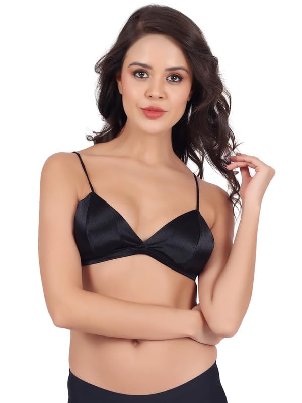 Luella Women Padded Seamless Deep V Plunge Satin Bra Black - Image 1