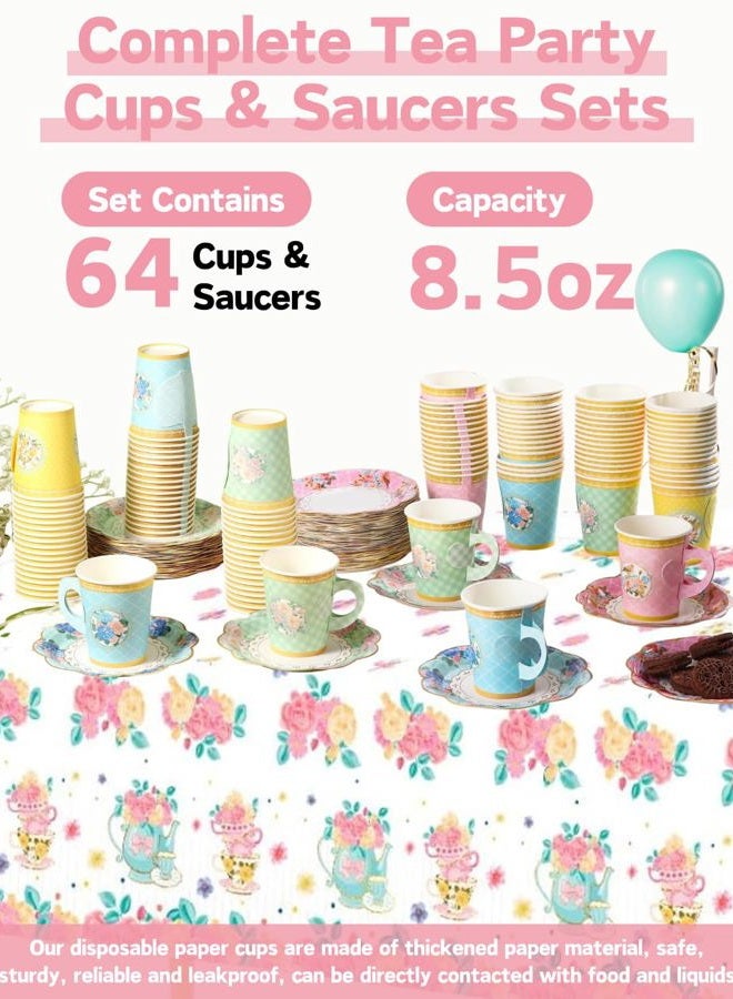 Glazeal 64 Set Floral Paper Tea Cups with Handle & Saucers Set and Table Cloth, Disposable Tea Cup Saucer Set for Cold & Hot Drinks Serves 64 for Tea Party Wedding Baby Shower Party Supplies - Image 2