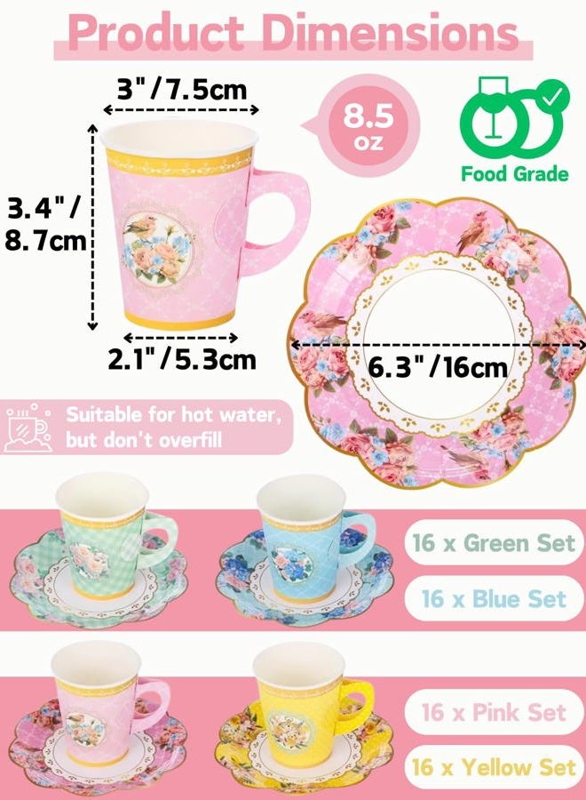 Glazeal 64 Set Floral Paper Tea Cups with Handle & Saucers Set and Table Cloth, Disposable Tea Cup Saucer Set for Cold & Hot Drinks Serves 64 for Tea Party Wedding Baby Shower Party Supplies - Image 3