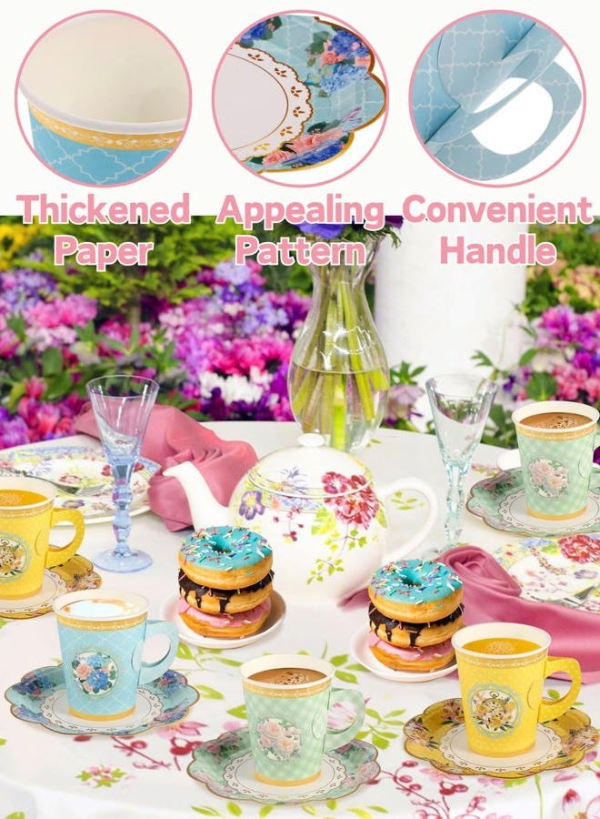 Glazeal 64 Set Floral Paper Tea Cups with Handle & Saucers Set and Table Cloth, Disposable Tea Cup Saucer Set for Cold & Hot Drinks Serves 64 for Tea Party Wedding Baby Shower Party Supplies - Image 4