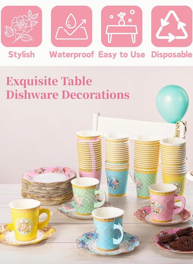 Glazeal 64 Set Floral Paper Tea Cups with Handle & Saucers Set and Table Cloth, Disposable Tea Cup Saucer Set for Cold & Hot Drinks Serves 64 for Tea Party Wedding Baby Shower Party Supplies - Image 5