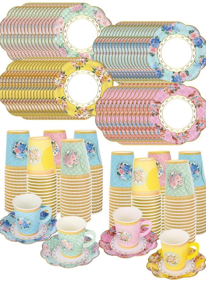 Glazeal 64 Set Floral Paper Tea Cups with Handle & Saucers Set and Table Cloth, Disposable Tea Cup Saucer Set for Cold & Hot Drinks Serves 64 for Tea Party Wedding Baby Shower Party Supplies - Image 1