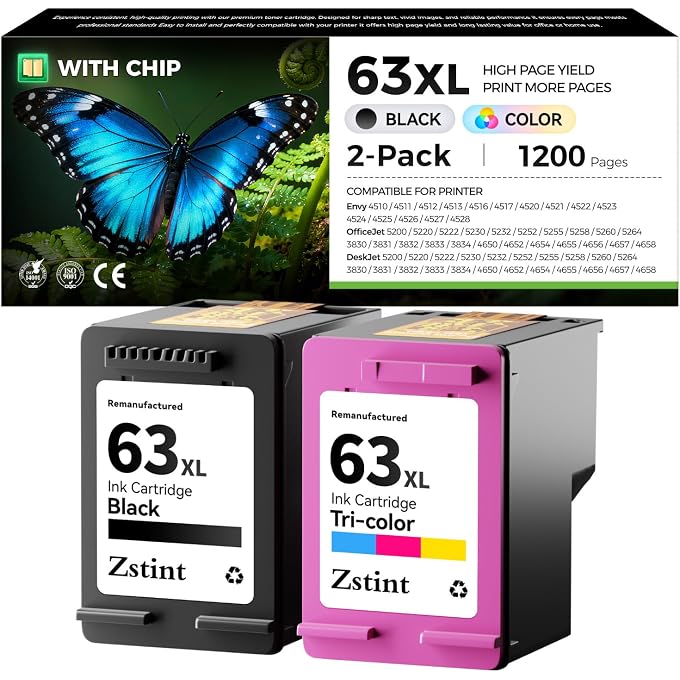 63XL Ink Cartridges 2 Pack High Yield with Chip Replacement for 63 63xl Compatible Work with Officejet 3830 4650 4655 5255 5258 5200 Envy 4510 4512 4520 4650 Deskjet 2130 2132 3630 3634 Printer