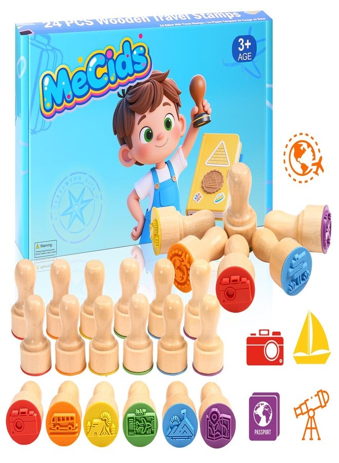 MeCids Kids Wooden Travel Stamps, 24 PCS Holiday Travel Stamps Kids Birthday Gift Party Favors Classroom Rewards Art Projects Carnival Prizes for Boys Girls - Image 1