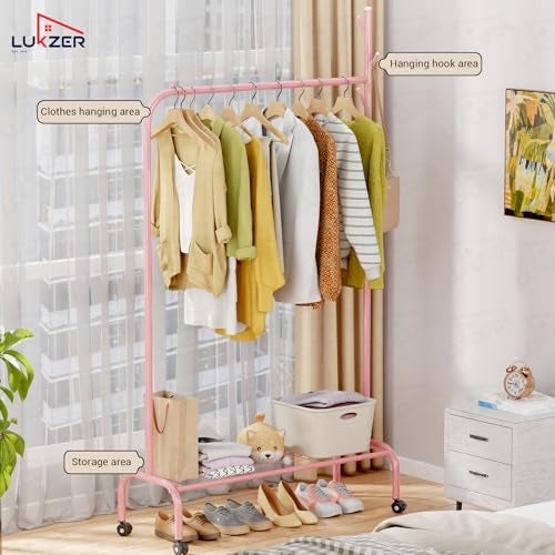 Lukzer| MGR-005 | Pink | Multipurpose Single Pole Metal Garment Rack with Wheels & 1 Bottom Shelves – Movable Clothes Stand & Storage Organizer for Bedroom, Hallway, Entryway & More | 34 x 90 x 173 cm - Image 3