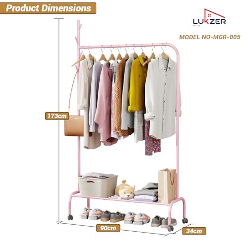 Lukzer| MGR-005 | Pink | Multipurpose Single Pole Metal Garment Rack with Wheels & 1 Bottom Shelves – Movable Clothes Stand & Storage Organizer for Bedroom, Hallway, Entryway & More | 34 x 90 x 173 cm - Image 2