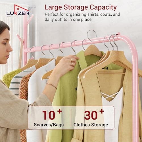 Lukzer| MGR-005 | Pink | Multipurpose Single Pole Metal Garment Rack with Wheels & 1 Bottom Shelves – Movable Clothes Stand & Storage Organizer for Bedroom, Hallway, Entryway & More | 34 x 90 x 173 cm - Image 4