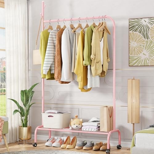 Lukzer| MGR-005 | Pink | Multipurpose Single Pole Metal Garment Rack with Wheels & 1 Bottom Shelves – Movable Clothes Stand & Storage Organizer for Bedroom, Hallway, Entryway & More | 34 x 90 x 173 cm - Image 1
