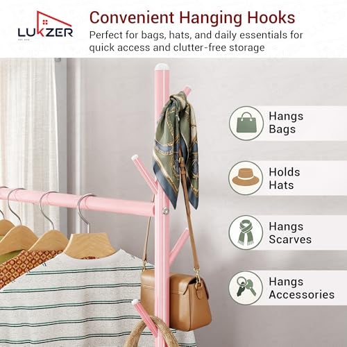 Lukzer| MGR-005 | Pink | Multipurpose Single Pole Metal Garment Rack with Wheels & 1 Bottom Shelves – Movable Clothes Stand & Storage Organizer for Bedroom, Hallway, Entryway & More | 34 x 90 x 173 cm - Image 5