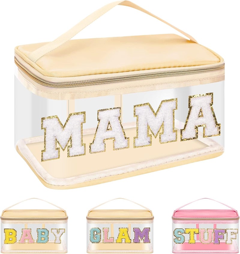 Iqimott حقيبة مكياج شفافة للنساء من إكيموت للسفر، حقيبة تخزين تواليت من النايلون وPVC مع حروف لامعة، حقيبة تنظيم شفافة مقاومة للماء مع سحاب ومقبض (ماما، بيج)