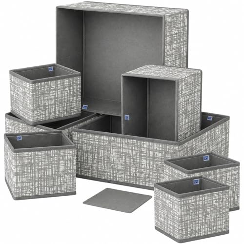 Skrill 8-Piece Foldable Cloth Storage Box Set | Cube Baskets, Bins & Dividers for Closet & Dresser Drawer Organization - Crosshatch Grey - Image 1