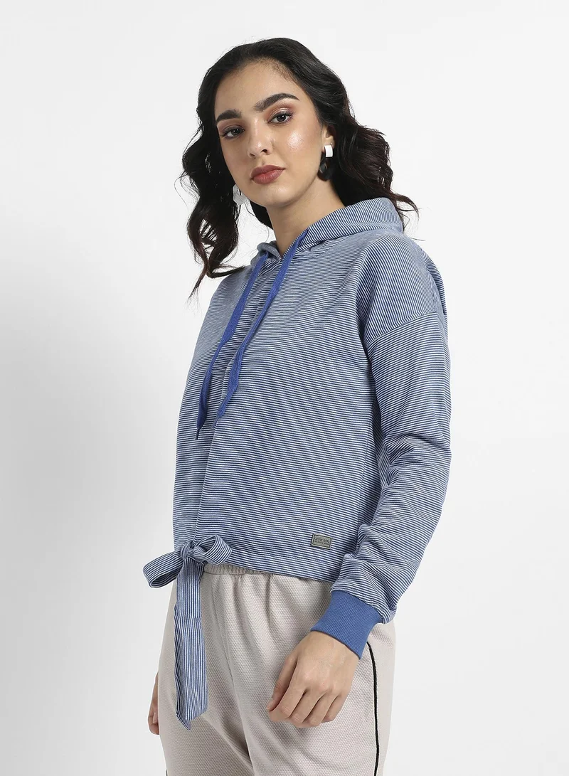 Pinacolada  Women's Blue Striped Hoodie With Tie-Up Waist for Women | Best Price UAE