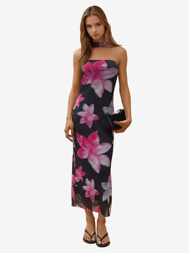 HICCUP Strapless Floral Midi Dress