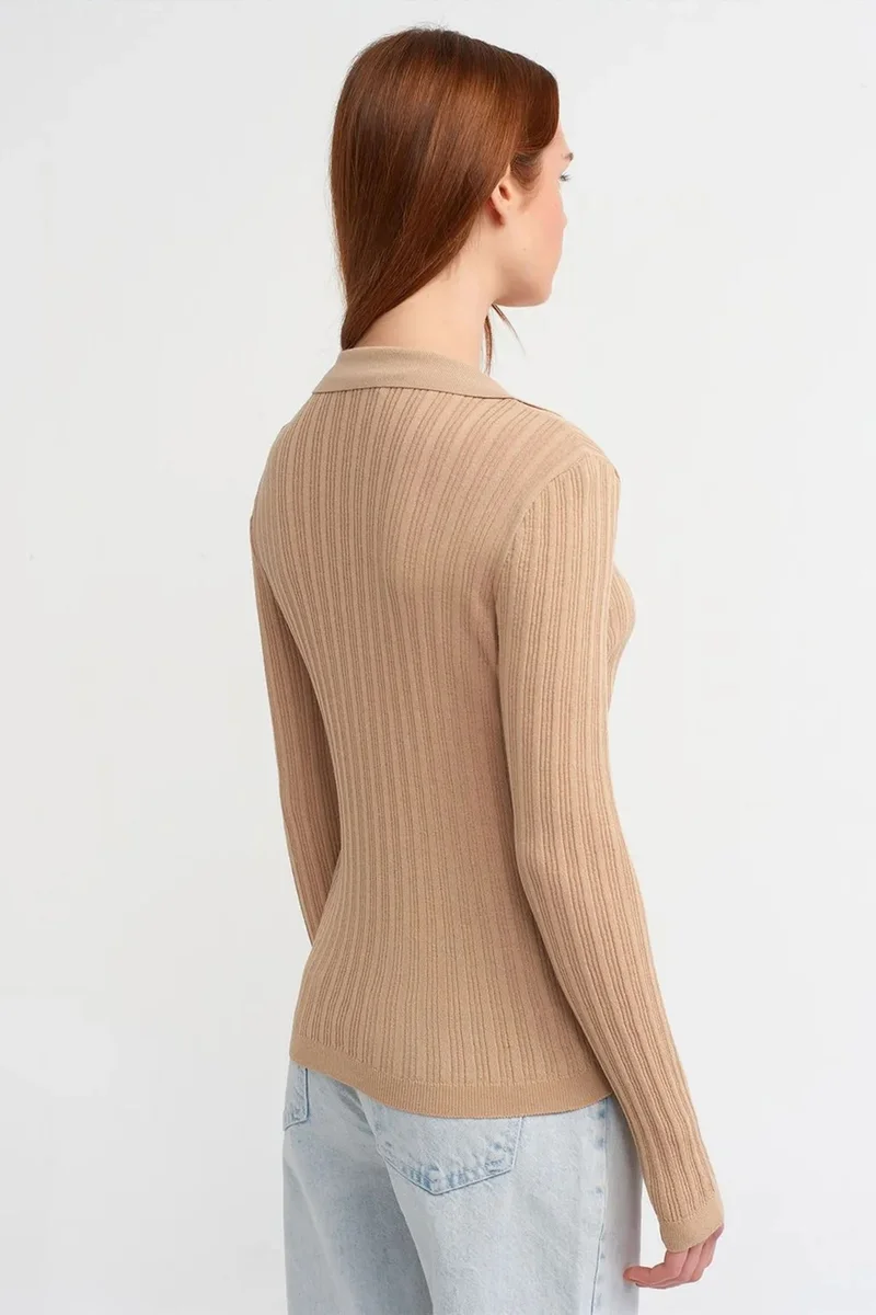 Dilvin Beige Natural DILVIN Slim-fit Ribbed Knit Polo Blouse for Women | Best Price UAE
