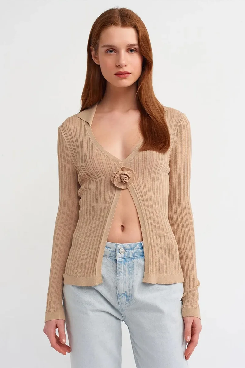 DILVIN Slim-fit Ribbed Knit Polo Blouse