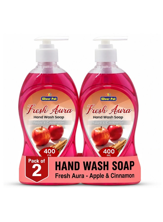 Silver Pot - Fresh Aura, Hand Wash, Pack of 2 x 400ml each, Moisturizing Liquid Soap, New Advance Formula Gentle Cleansing, Effective Germ Protection, Apple Cinnamon Scent, 10x Odor Removal - Image 1