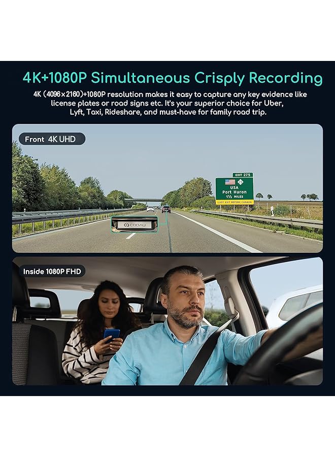 Razuvious Dash Cam Front And Inside,4K+1080P Wifi Dual Dash Camera For Cars,Infrared Night Vision, Loop Recording, G-Sensor, Wdr, Parking Monitor For Taxi Driver - Image 3
