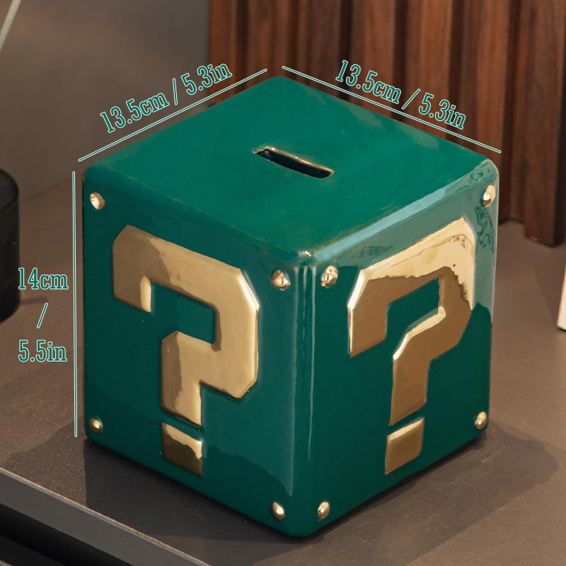 Yundu Ceramic Piggy Bank for Adults & Kids - Square Money Box for Cash Saving, Coin Bank with Golden Question Mark Design for Boys & Girls (Green Color) - Image 2