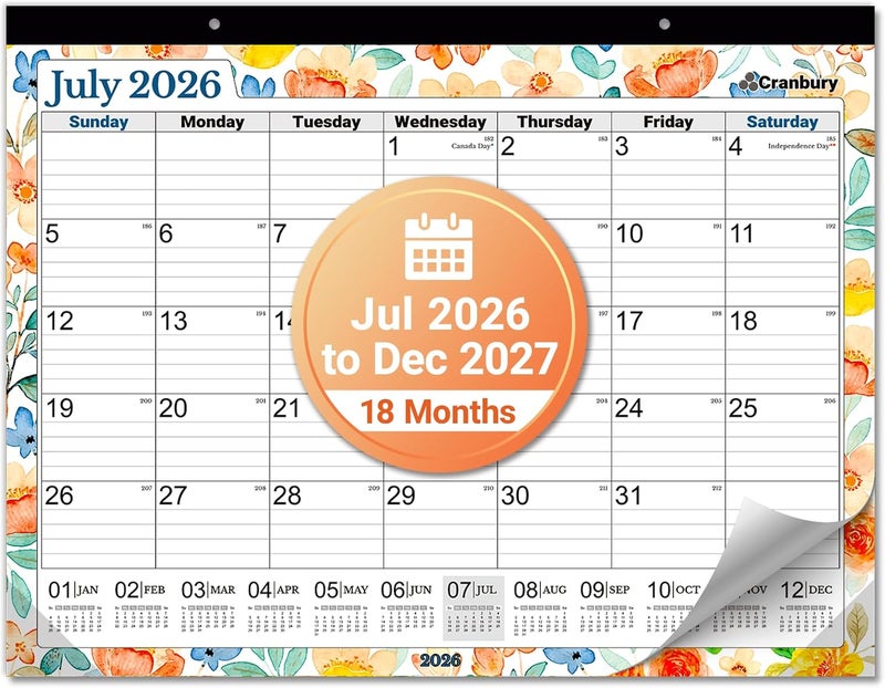 Cranbury Large 22x17" Desk Calendar 2025 (Floral), Use as Big Deskpad Calendar or Extra Large 17 x 22 Monthly Hanging Wall Planner, Gorgeous Flower Designs, Includes Stickers - Image 1