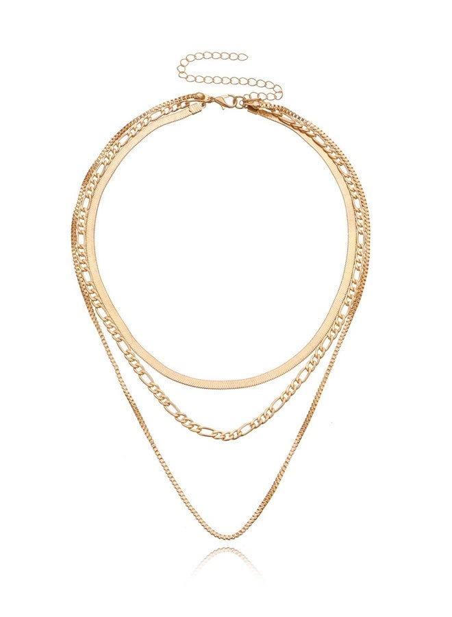 3 PACK Gold Necklaces Stack for Women Non Tarnish, Dainty 14k Gold Plated Layered Gold Herringbone Necklace Trendy, Layering Rope Cuban Chain Gold Choker Necklaces Set Fashion Jewelry Set Gift - Image 1