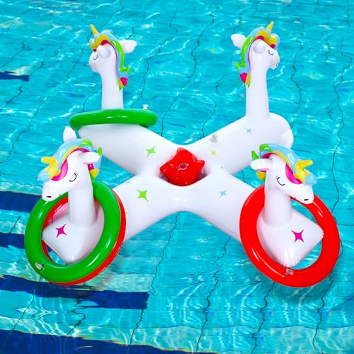 ShinyRelief Unicorn Inflatable Pool Ring Toss 2in1 Floating Unicorn Swimming Pool Supplies with 6 Rings 2 Bean Bags 1 Pump for Adults and Family Summer Party Hawaii Party Beach Backyard - Image 1