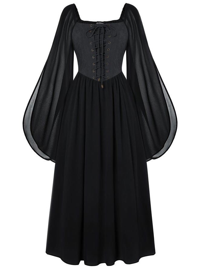 Scarlet Darkness Renaissance Costume Women Pirate Dresses Split Bell Sleeve Medieval Ren Faire Dress with Pockets, Black, M