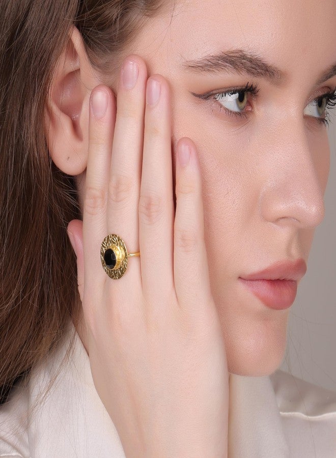 DuaBlack Onyx Adjustable Round Ring – 18kt Gold Plated Brass for Women - Image 4