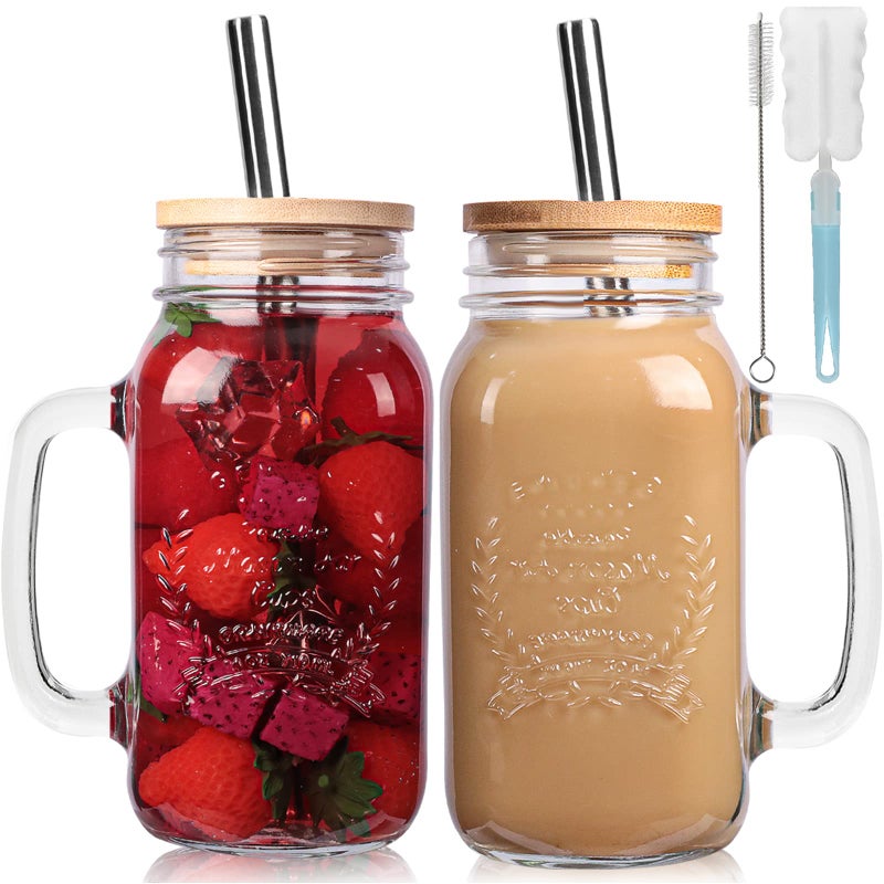 Yirilan 2 Pack 24Oz Mason jar cups with lids and straws, Mason Jars with Handle, Mason Jar Drinking Glasses with Lid and Straw, Mason Jar Mugs - Image 1